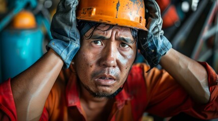 Concerned Worker in Safety Gear Amid Heavy Machinery