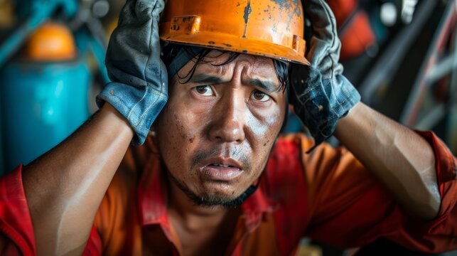 Concerned Worker in Safety Gear Amid Heavy Machinery