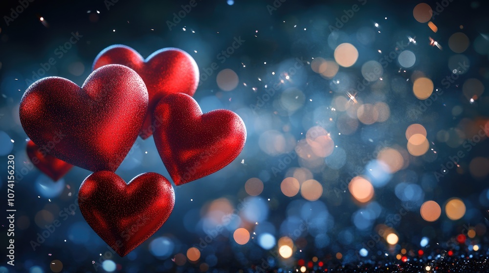 Aufkleber hearts float against a dark backdrop with sparkles creating a conceptual atmosphere of love close up