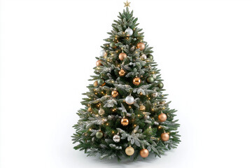 beautiful snowy Christmas tree on white background for Christmas postcards, generative AI