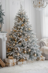beautiful christmas tree in white clean modern room for christmas postcard, generative AI