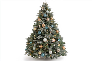 beautiful snowy Christmas tree on white background for Christmas postcards, generative AI