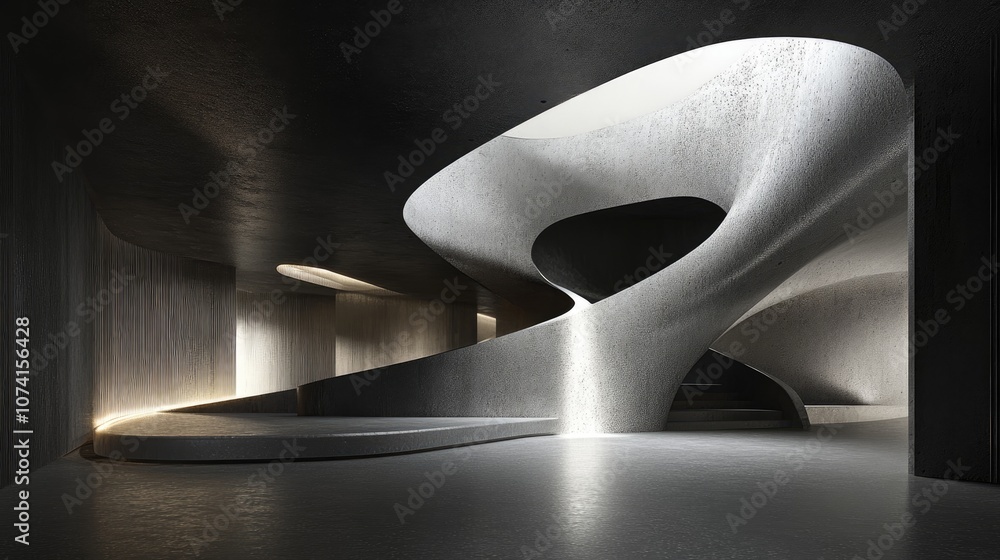 Poster abstract dark concrete room with a smooth interior design architectural backdrop with a night view f