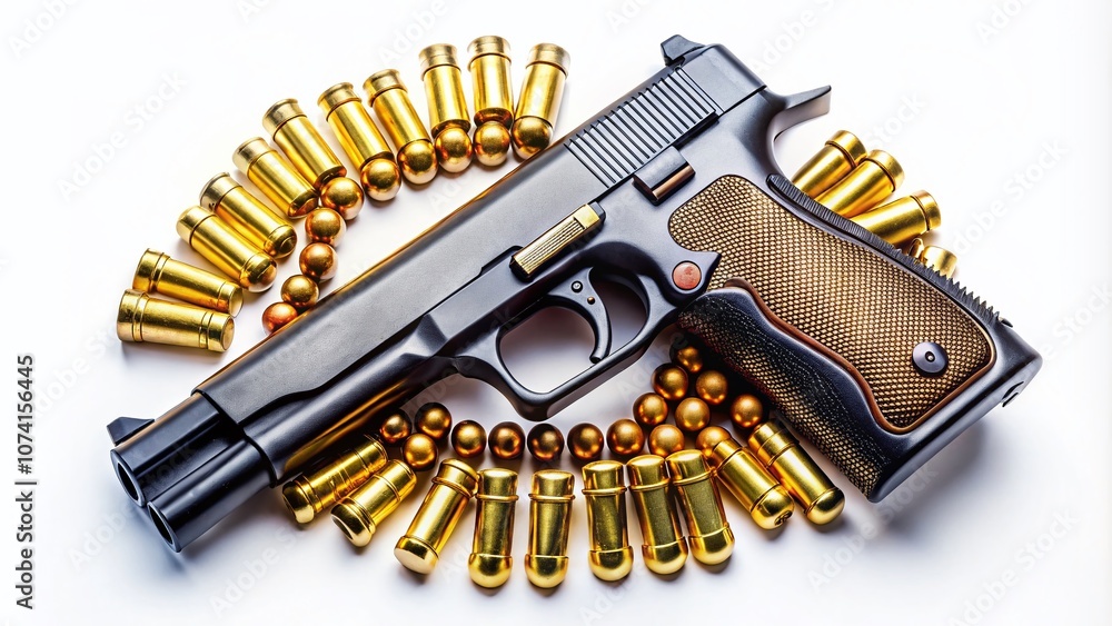 Poster surreal composition of a 9mm handgun and bullets on a white background, capturing the essence of fir