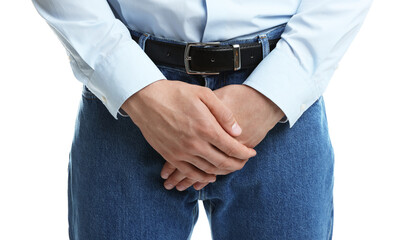 STD (sexually transmitted diseases). Man suffering from symptoms on white background, closeup