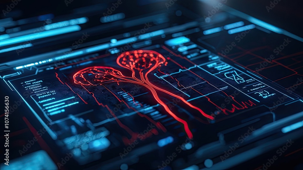 Poster digital heartbeat visualization with neon pulse readings on a dark background.
