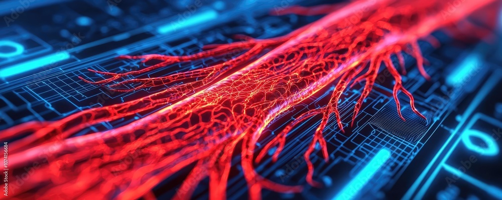 Poster abstract red neural network on a digital background.