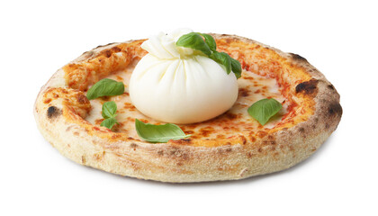 Delicious pizza with burrata cheese and basil isolated on white