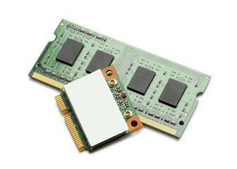 Wi-Fi card and RAM chip isolated on white. Electronic engineering