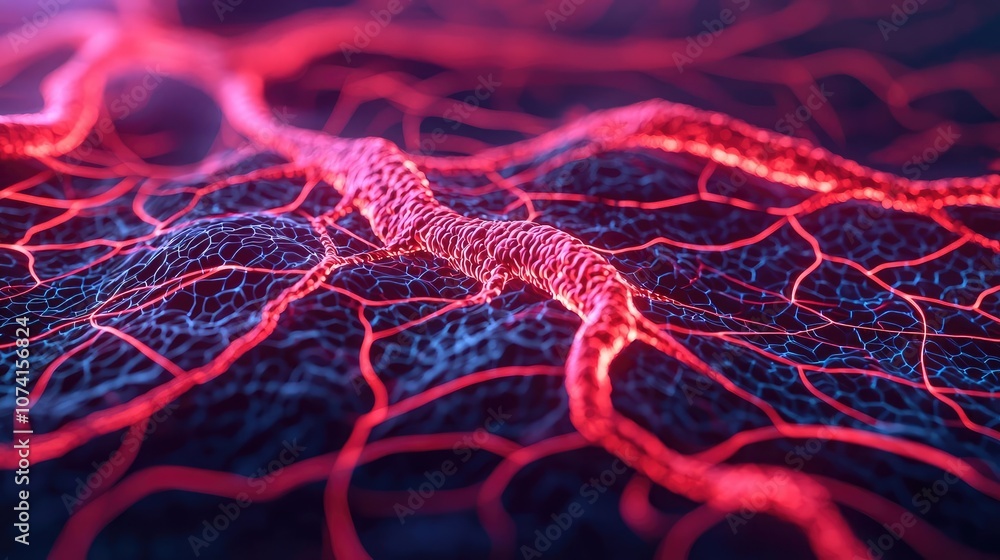 Poster abstract depiction of intricate red and blue neural pathways on a dark surface.