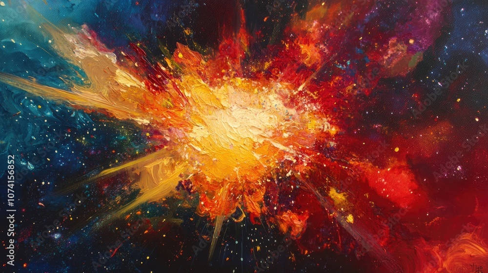 Poster vibrant explosion of light and energy against a cosmic backdrop creating visual impact with fiery bu