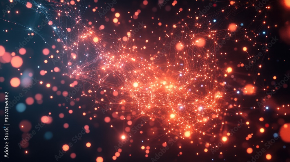 Poster 3D rendering of an abstract structure featuring interconnected dots A vibrant technological backdrop composed of glowing threads and surfaces against a dark setting