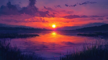 Fototapeta premium Vibrant sunset over a tranquil water body creating a serene atmosphere with reflections and hues of orange and purple in the sky