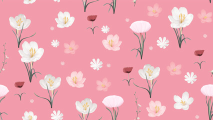 Floral seamless pattern features delicate white and pink crocuses and other small flowers on a pink background