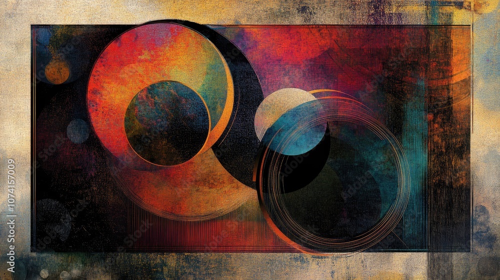 Poster abstract circular shapes and patterns framed within a border in digital art
