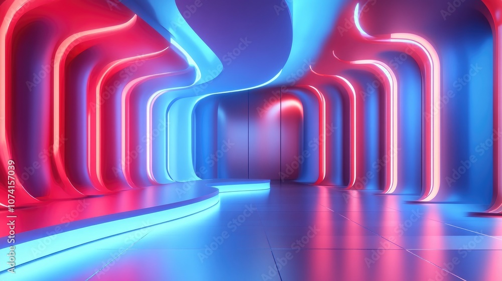 Poster bright light red and blue studio space with a futuristic design featuring 3d rendering elements