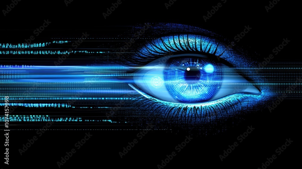 Poster futuristic technology concept featuring blue eye representation cyber security themes and abstract h