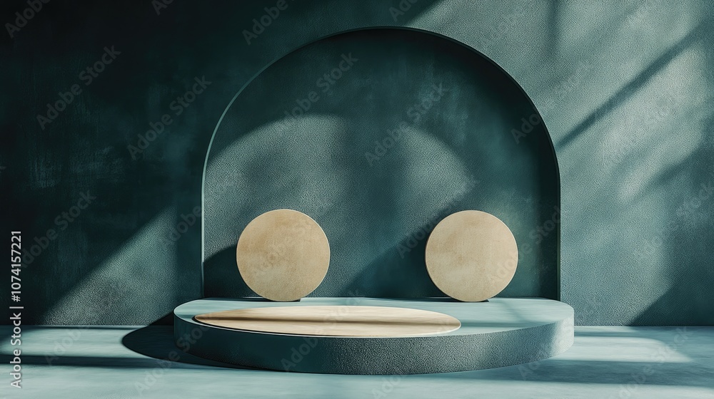 Poster minimalist creative podium display featuring circular geometric shapes on a blue green backdrop idea