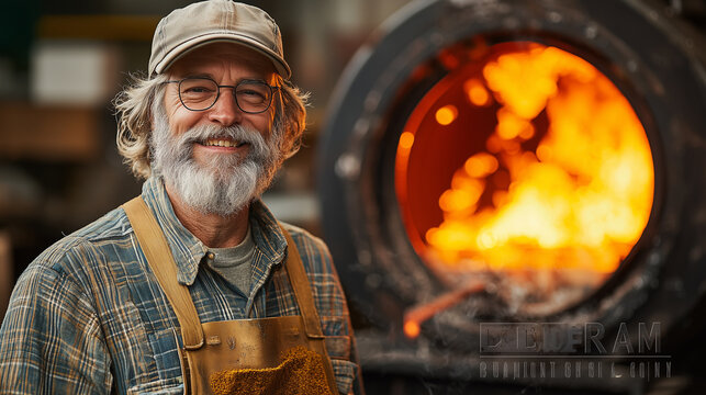 Smiling artisan in work apron standing by active kiln in rustic workshop setting