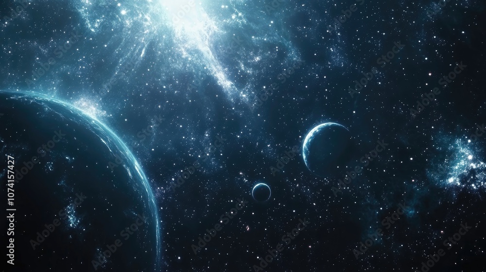 Poster 2d illustration of a realistic starry background depicting deep space bright stars planets and moons