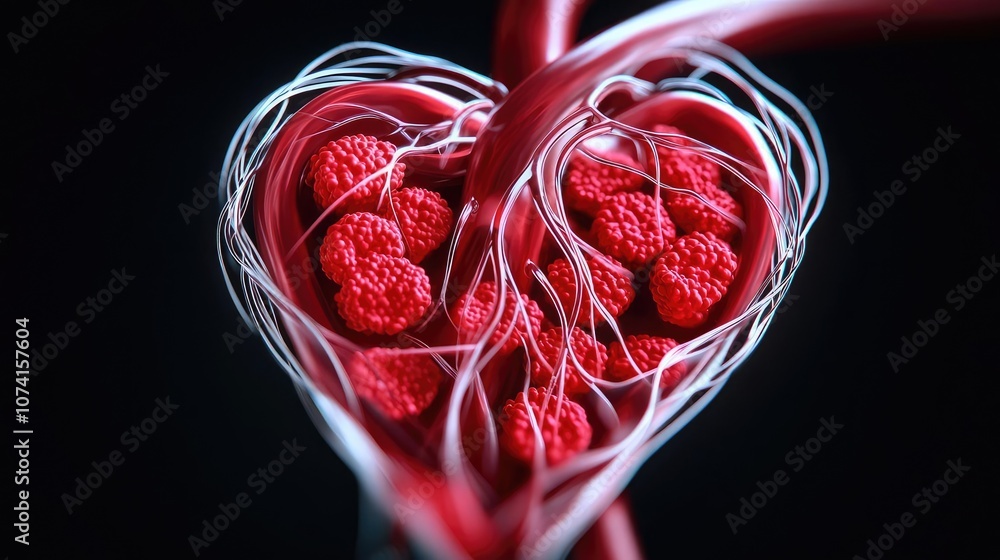 Poster intricate heart structure featuring red elements and delicate fibers on a dark background.