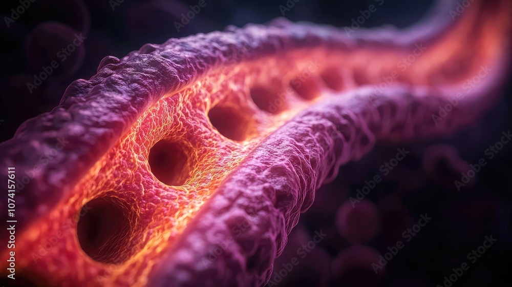 Poster microscopic view of a vibrant biological structure with glowing features.