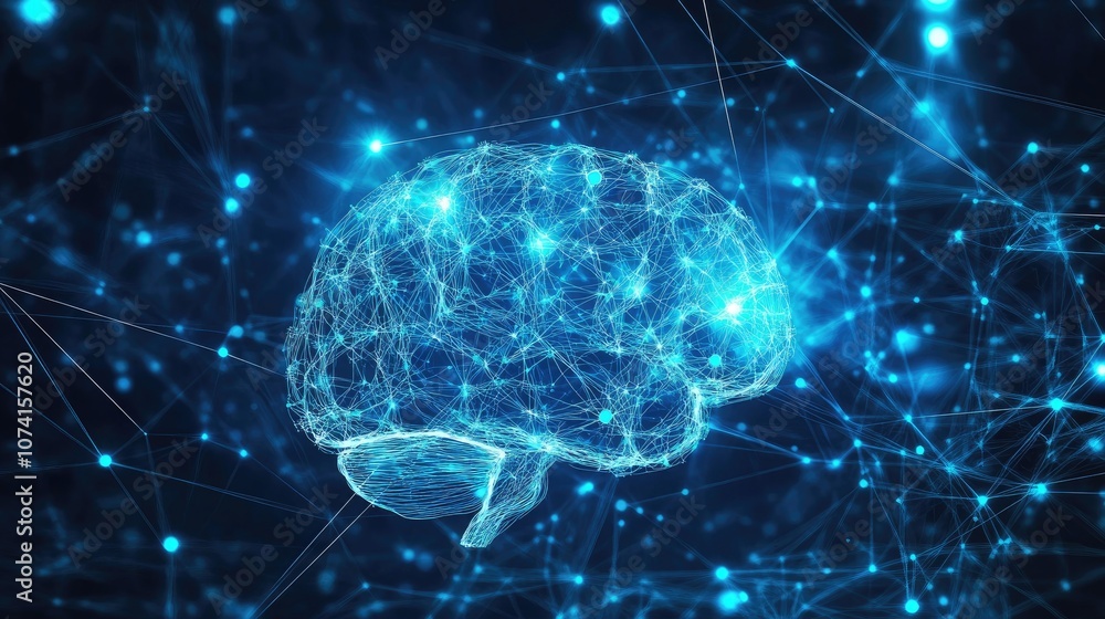 Poster glowing blue brain connected by neural pathways or electronic circuits concept of artificial intelli