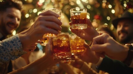 A group of stylishly dressed individuals clink their glasses together in celebration of the weekend and the delicious drinks in hand.