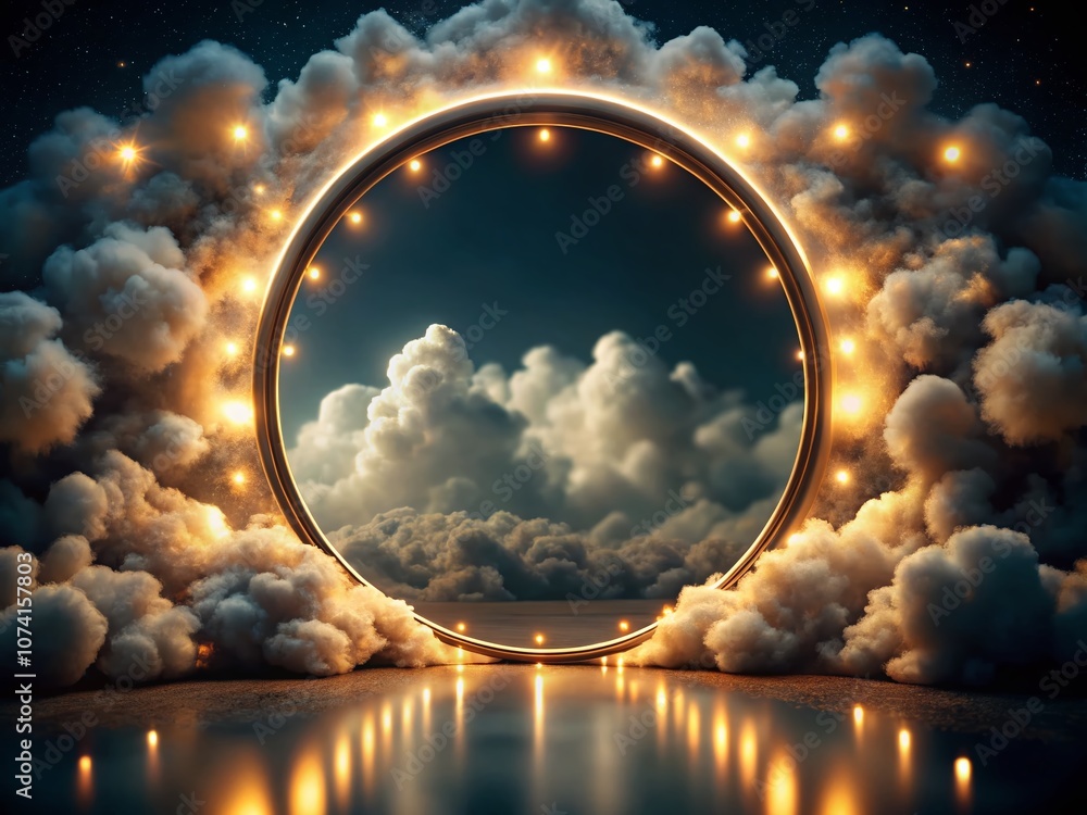 Poster surreal glowing circular frame around a cloud in a dark moody atmosphere with bokeh effect for enigm