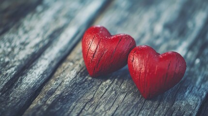 Valentine s Day greeting card featuring two hearts on a wooden surface