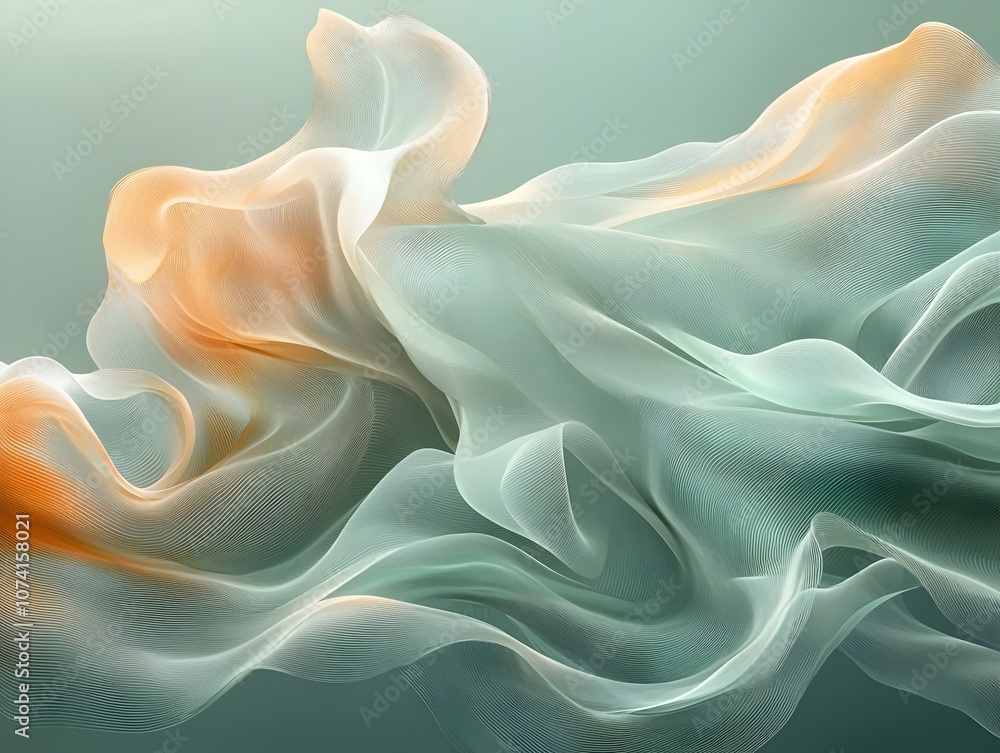 Poster a mesmerizing abstract composition featuring flowing, translucent fabric in soft shades of orange an