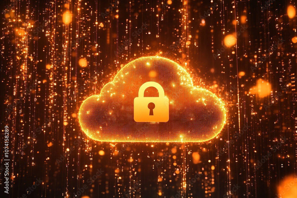 Poster a glowing cloud computing icon with a padlock symbol inside, set against a background of golden part