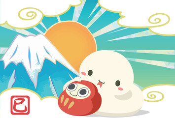 2025年 巳と達磨　富士山と初日の出年賀状