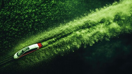 Aerial View of High-Speed Train Cutting Through Lush Green Forest, Capturing Motion and Speed in a Vibrant Natural Landscape