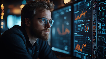 Fototapeta premium Focused data analyst examining financial trends on multiple monitors in dark office
