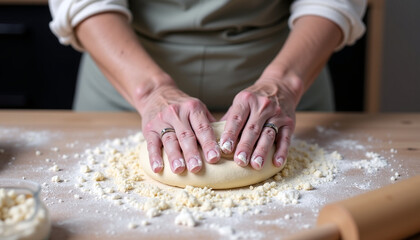 Fototapeta premium Elderly person baking with flour and dough on the countertop, hands kneading