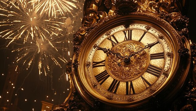 A close-up of a gold clock face with Roman numerals, set against a backdrop of fireworks exploding in the night sky.