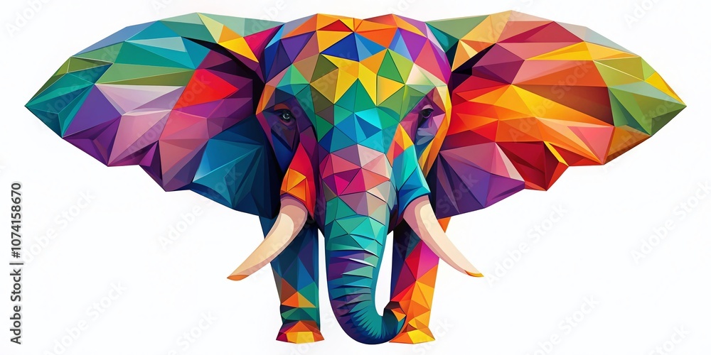 Poster Surreal Low Poly Triangular Elephant on White Background: A Unique Artistic Representation in Geometric Form for Creative Projects and Design Inspiration