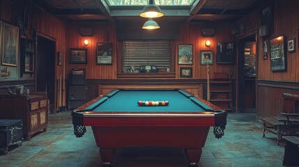 A classic pool table sits in a dimly lit room with a wooden interior and a skylight.