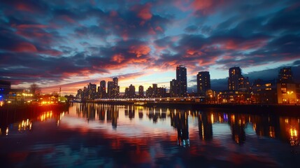 Fototapeta premium Serene City Skyline Reflected on Calm River at Dusk