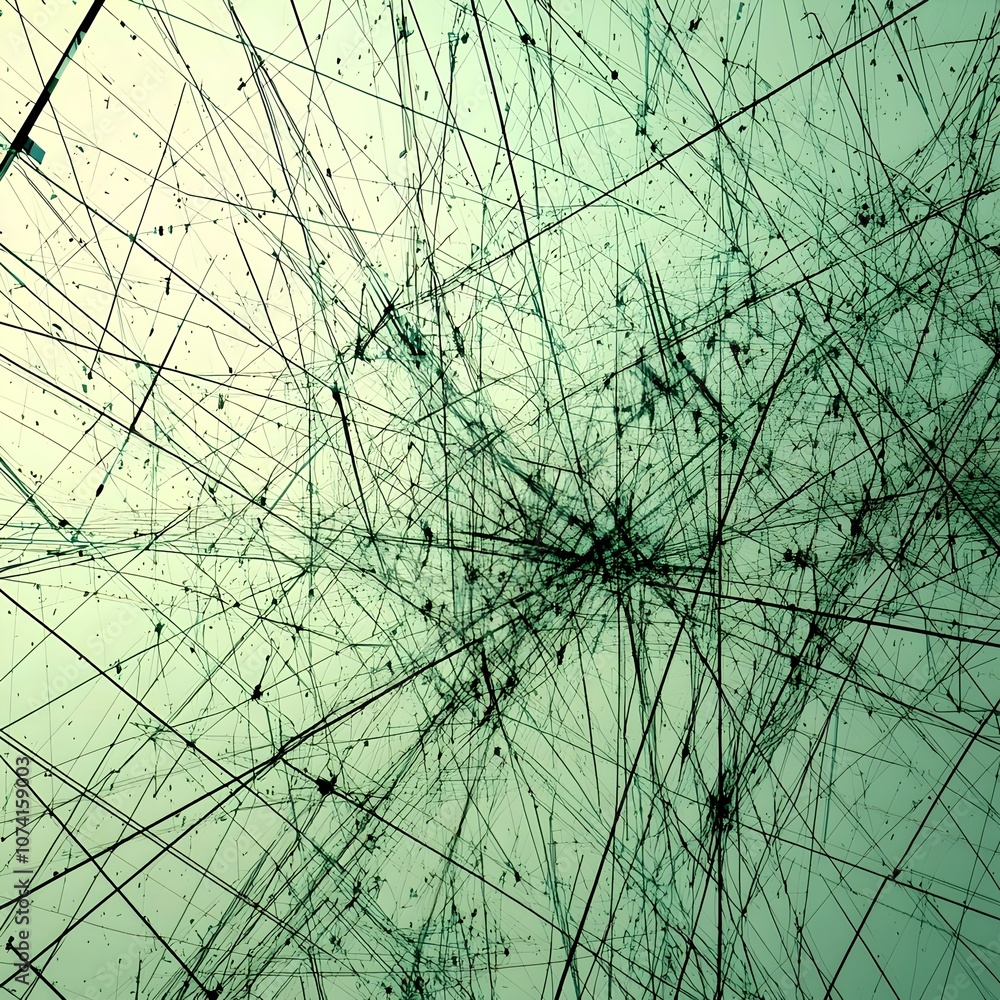 Poster an abstract digital artwork showcasing a complex web of intersecting lines in varying shades of gree