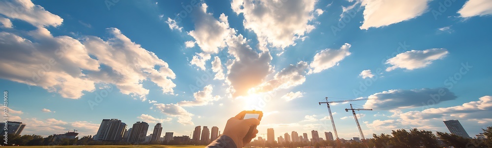 Poster a hand reaches towards the sun against a backdrop of clouds and a city skyline, capturing a moment o
