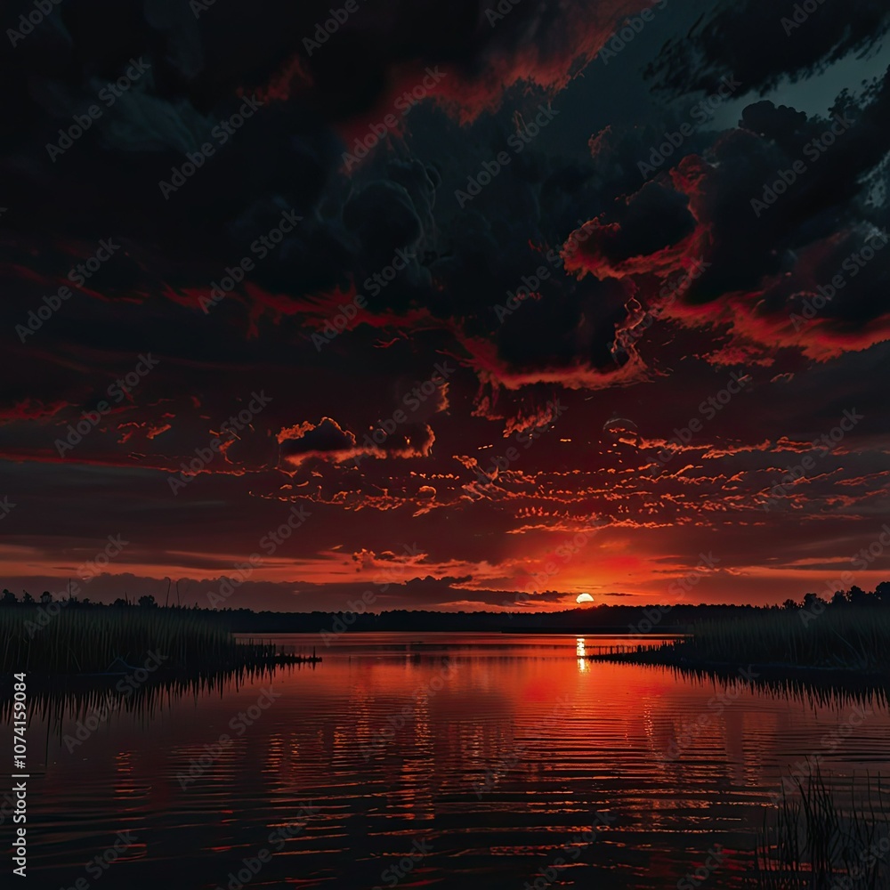 Poster the sky explodes with reds and oranges as the sun sets over a peaceful river casting reflections on 