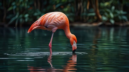 A pink flamingo bends its neck to forage in calm water creating ripples while surrounded by vibrant green foliage and a peaceful atmosphere