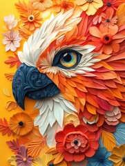 Obraz premium Vibrant Paper Art of a Colorful Bird Surrounded by Intricate Floral Designs on a Bright Yellow Background