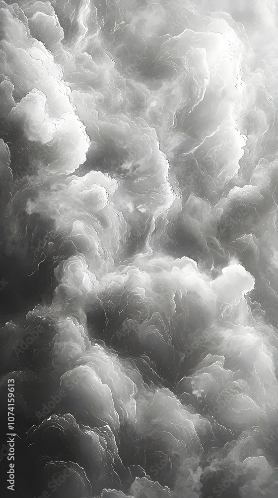 Poster an expansive view of swirling gray clouds, creating a dramatic and atmospheric scene with soft highl