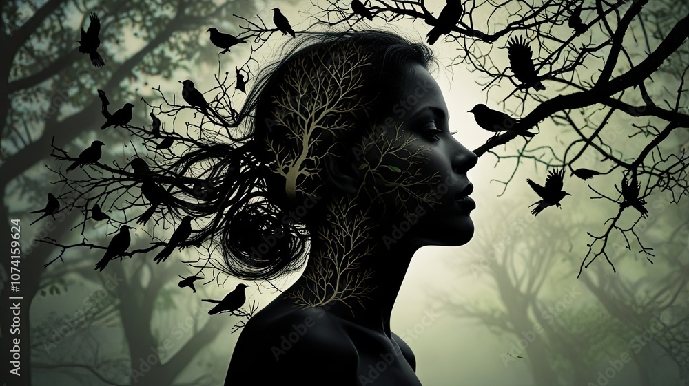 Poster this artwork features a womans silhouette filled with intertwining tree branches and birds against a