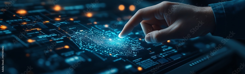 Poster a hand reaches towards a digital interface, highlighting a network of glowing data points against a 