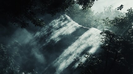 Obraz premium Misty waterfall with rays of sunlight filtering through dense trees, capturing the beauty of nature