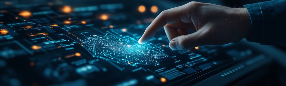 A hand reaches towards a digital interface, highlighting a network of glowing data points against a dark background.